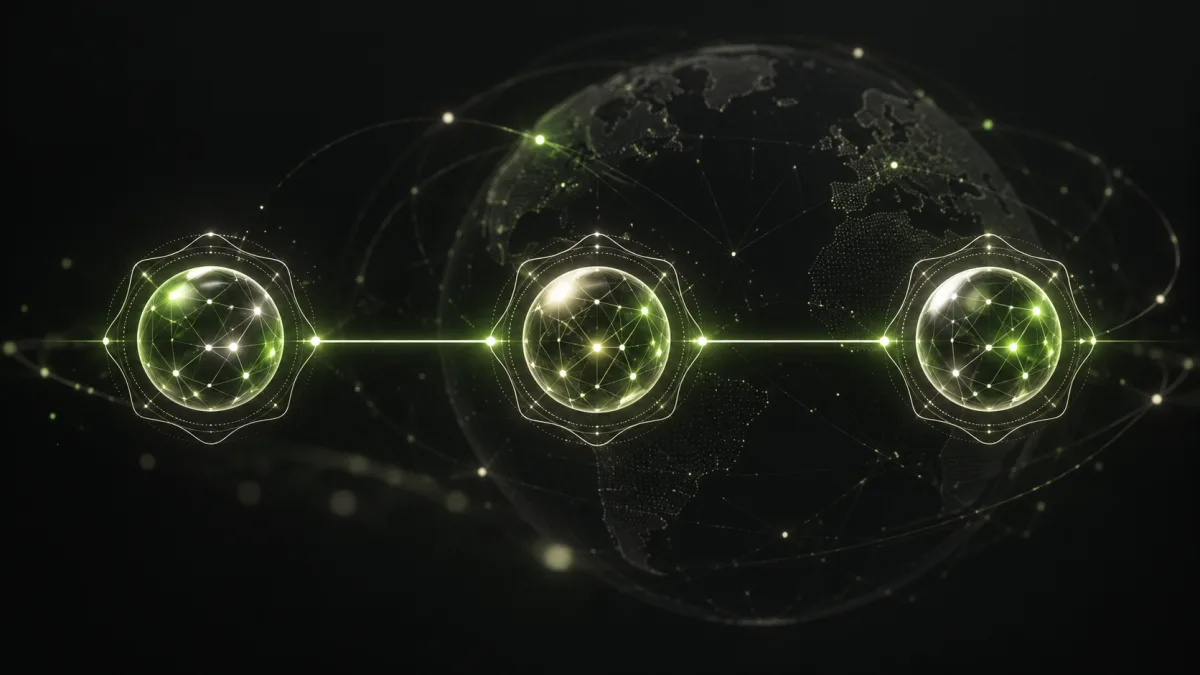 Abstrakcyjna ilustracja połączonych węzłów sieciowych, symbolizująca weryfikację i łańcuch zaufania DNSSEC.