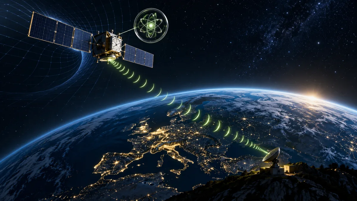 Ilustracja satelity na orbicie nad Ziemią, pokazująca sygnały nawigacyjne i relatywistyczne poprawki czasu.